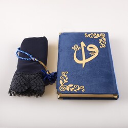 Shawl + Salah Beads + Quran Gift Set (Bag Size, Velvet, Navy Blue) - Thumbnail