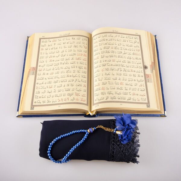 Shawl + Salah Beads + Quran Gift Set (Bag Size, Velvet, Navy Blue)