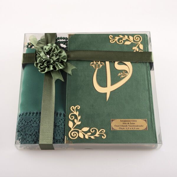 Shawl + Salah Beads + Quran Gift Set (Bag Size, Velvet, Olive Green)