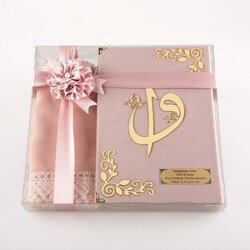 Shawl + Salah Beads + Quran Gift Set (Bag Size, Velvet, Powder Pink) - Thumbnail