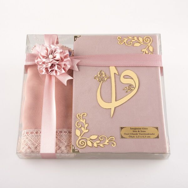 Shawl + Salah Beads + Quran Gift Set (Bag Size, Velvet, Powder Pink)