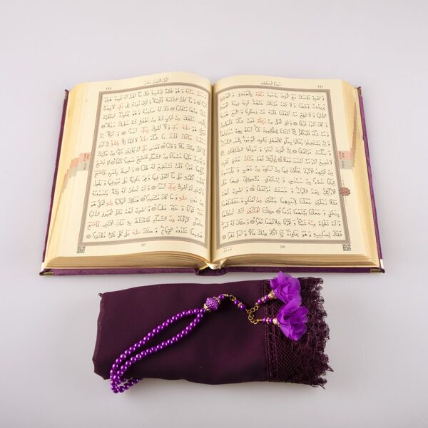 Shawl + Salah Beads + Quran Gift Set (Bag Size, Velvet, Purple)