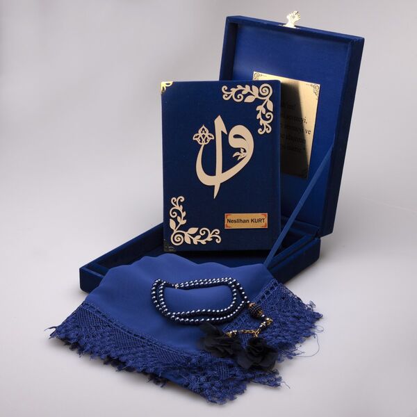 Shawl + Salah Beads + Quran Gift Set (Bookrest Size, Box, Dark Blue)
