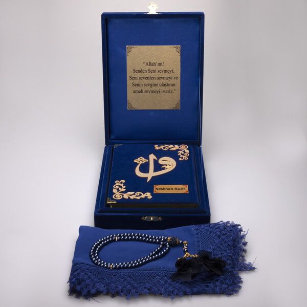 Shawl + Salah Beads + Quran Gift Set (Bookrest Size, Box, Dark Blue)