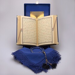 Shawl + Salah Beads + Quran Gift Set (Bookrest Size, Box, Dark Blue) - Thumbnail