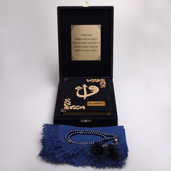 Shawl + Salah Beads + Quran Gift Set (Bookrest Size, Box, Navy Blue)