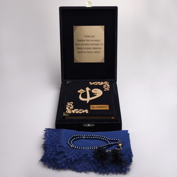 Shawl + Salah Beads + Quran Gift Set (Hafiz Size, Box, Navy Blue)
