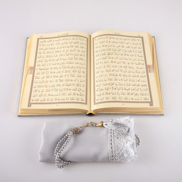 Shawl + Salah Beads + Quran Gift Set (Hafiz Size, Grey)