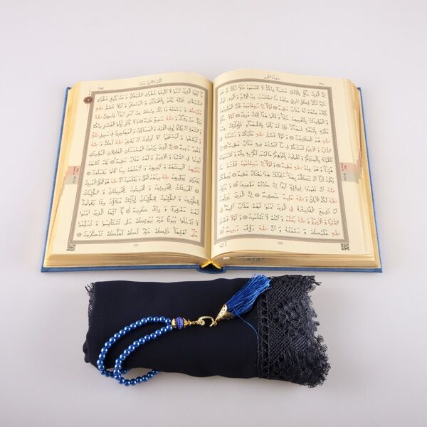 Shawl + Salah Beads + Quran Gift Set (Hafiz Size, Navy Blue)