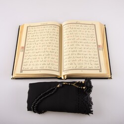 Shawl + Salah Beads + Quran Gift Set (Hafiz Size, Velvet, Black) - Thumbnail