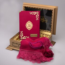 Shawl + Salah Beads + Quran Gift Set (Hafiz Size, Velvet, Fuchsia Pink) - Thumbnail