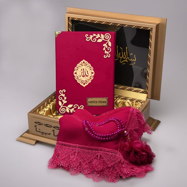 Shawl + Salah Beads + Quran Gift Set (Hafiz Size, Velvet, Fuchsia Pink)