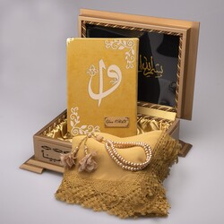 Shawl + Salah Beads + Quran Gift Set (Hafiz Size, Velvet, Gold) - Thumbnail