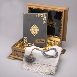 Shawl + Salah Beads + Quran Gift Set (Hafiz Size, Velvet, Grey) - Thumbnail