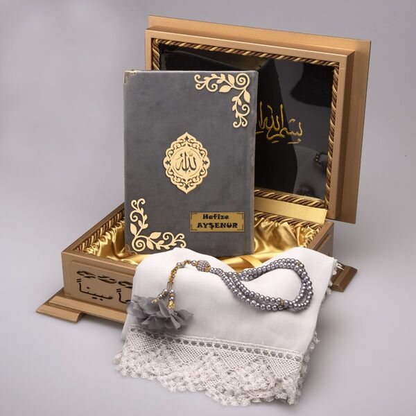 Shawl + Salah Beads + Quran Gift Set (Hafiz Size, Velvet, Grey)