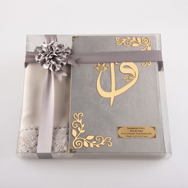 Shawl + Salah Beads + Quran Gift Set (Hafiz Size, Velvet, Grey)