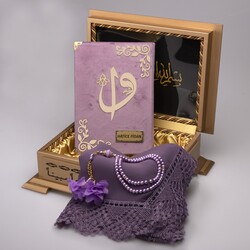 Shawl + Salah Beads + Quran Gift Set (Hafiz Size, Velvet, Lilac) - Thumbnail