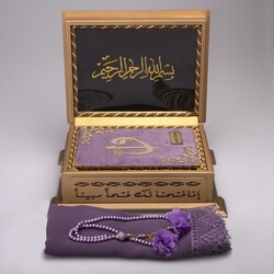 Shawl + Salah Beads + Quran Gift Set (Hafiz Size, Velvet, Lilac) - Thumbnail