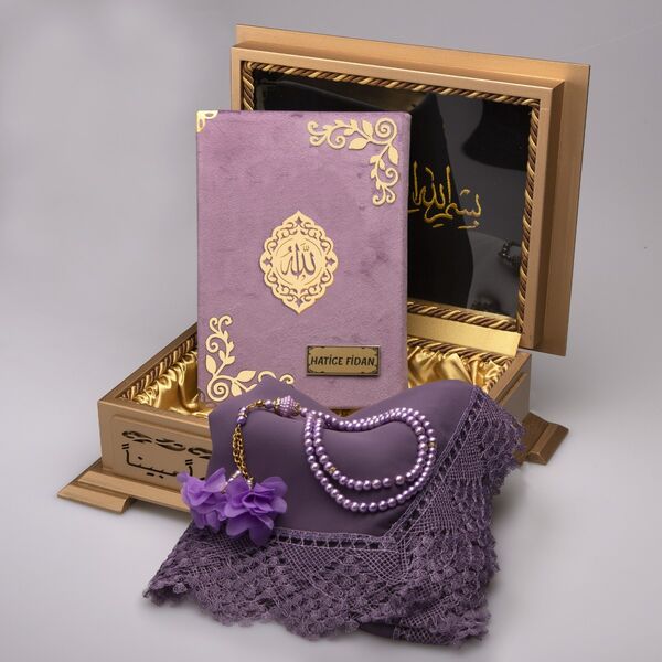 Shawl + Salah Beads + Quran Gift Set (Hafiz Size, Velvet, Lilac)