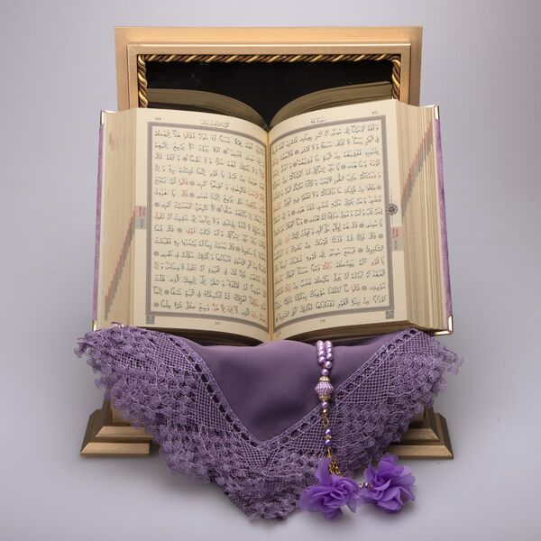 Shawl + Salah Beads + Quran Gift Set (Hafiz Size, Velvet, Lilac)