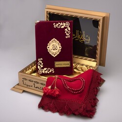 Shawl + Salah Beads + Quran Gift Set (Hafiz Size, Velvet, Maroon) - Thumbnail