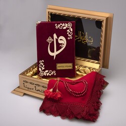 Shawl + Salah Beads + Quran Gift Set (Hafiz Size, Velvet, Maroon) - Thumbnail