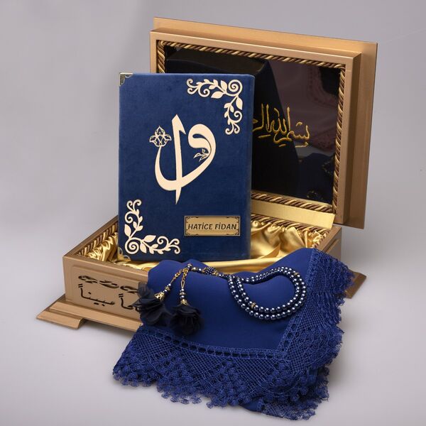 Shawl + Salah Beads + Quran Gift Set (Hafiz Size, Velvet, Navy Blue)