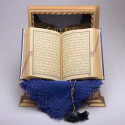 Shawl + Salah Beads + Quran Gift Set (Hafiz Size, Velvet, Navy Blue) - Thumbnail