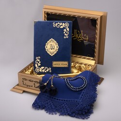 Shawl + Salah Beads + Quran Gift Set (Hafiz Size, Velvet, Navy Blue) - Thumbnail