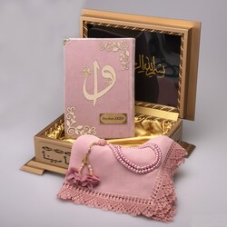 Shawl + Salah Beads + Quran Gift Set (Hafiz Size, Velvet, Powder Pink) - Thumbnail