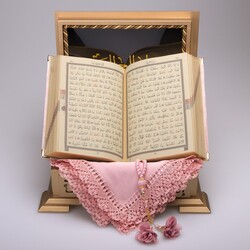 Shawl + Salah Beads + Quran Gift Set (Hafiz Size, Velvet, Powder Pink) - Thumbnail