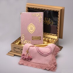 Shawl + Salah Beads + Quran Gift Set (Hafiz Size, Velvet, Powder Pink) - Thumbnail