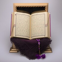 Shawl + Salah Beads + Quran Gift Set (Hafiz Size, Velvet, Purple) - Thumbnail