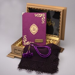 Shawl + Salah Beads + Quran Gift Set (Hafiz Size, Velvet, Purple) - Thumbnail