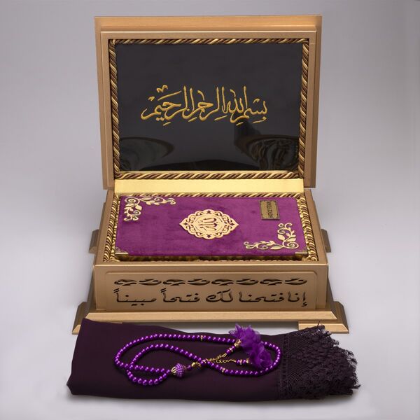 Shawl + Salah Beads + Quran Gift Set (Hafiz Size, Velvet, Purple)