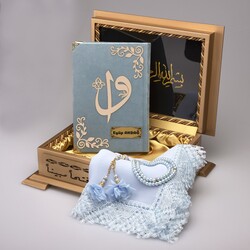 Shawl + Salah Beads + Quran Gift Set (Hafiz Size, Velvet, Turquoise) - Thumbnail