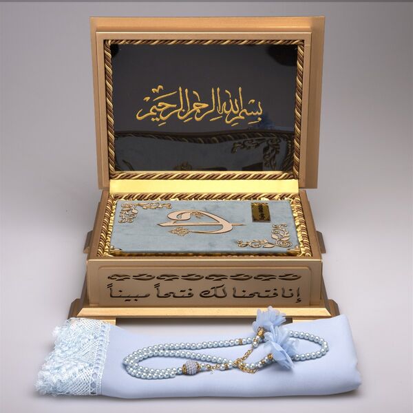 Shawl + Salah Beads + Quran Gift Set (Hafiz Size, Velvet, Turquoise)