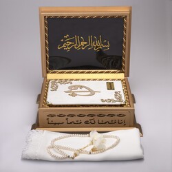 Shawl + Salah Beads + Quran Gift Set (Hafiz Size, Velvet, White) - Thumbnail