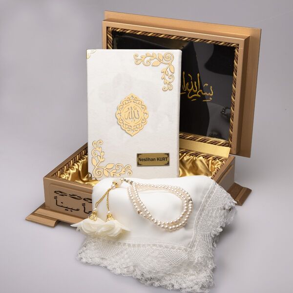 Shawl + Salah Beads + Quran Gift Set (Hafiz Size, Velvet, White)