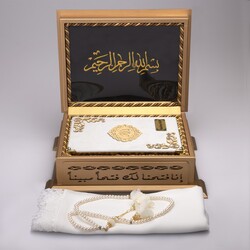 Shawl + Salah Beads + Quran Gift Set (Hafiz Size, Velvet, White) - Thumbnail