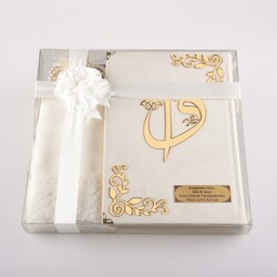 Shawl + Salah Beads + Quran Gift Set (Hafiz Size, Velvet, White) - Thumbnail