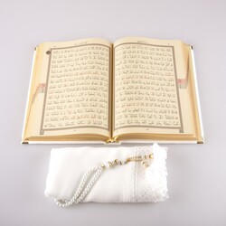 Shawl + Salah Beads + Quran Gift Set (Hafiz Size, Velvet, White) - Thumbnail