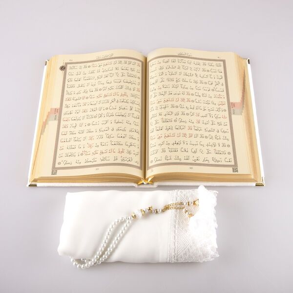 Shawl + Salah Beads + Quran Gift Set (Hafiz Size, Velvet, White)