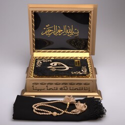 Shawl + Salah Beads + Quran Gift Set (Hafiz Size, Wooden Box, Black) - Thumbnail