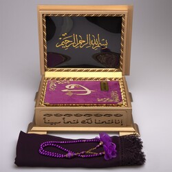 Shawl + Salah Beads + Quran Gift Set (Hafiz Size, Wooden Box, Purple) - Thumbnail