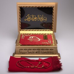 Shawl + Salah Beads + Quran Gift Set (Hafiz Size, Wooden Box, Red) - Thumbnail