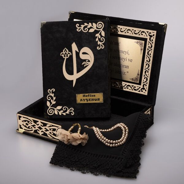 Shawl + Salah Beads + Quran Gift Set (Medium Size, Black, Gold Plexy)