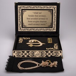 Shawl + Salah Beads + Quran Gift Set (Medium Size, Black, Gold Plexy) - Thumbnail