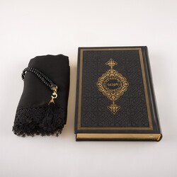 Shawl + Salah Beads + Quran Gift Set (Medium Size, Black) - Thumbnail