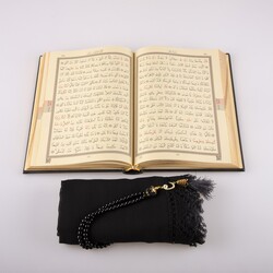 Shawl + Salah Beads + Quran Gift Set (Medium Size, Black) - Thumbnail